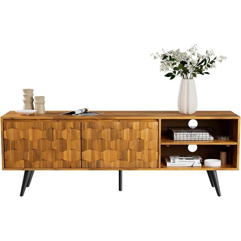Georgina Solid Wood, 10 Minutes Assembly Entertainment Center with Storage Geometric Pattern Console