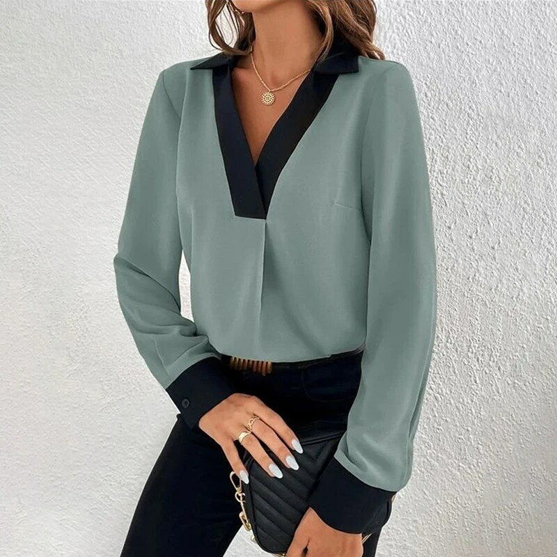 Fashion Color Contrast V Neck Pullover Shirt Female Autumn Winter Daily Casual Commuter Blouse Women's Long Sleeve Straight Tops
