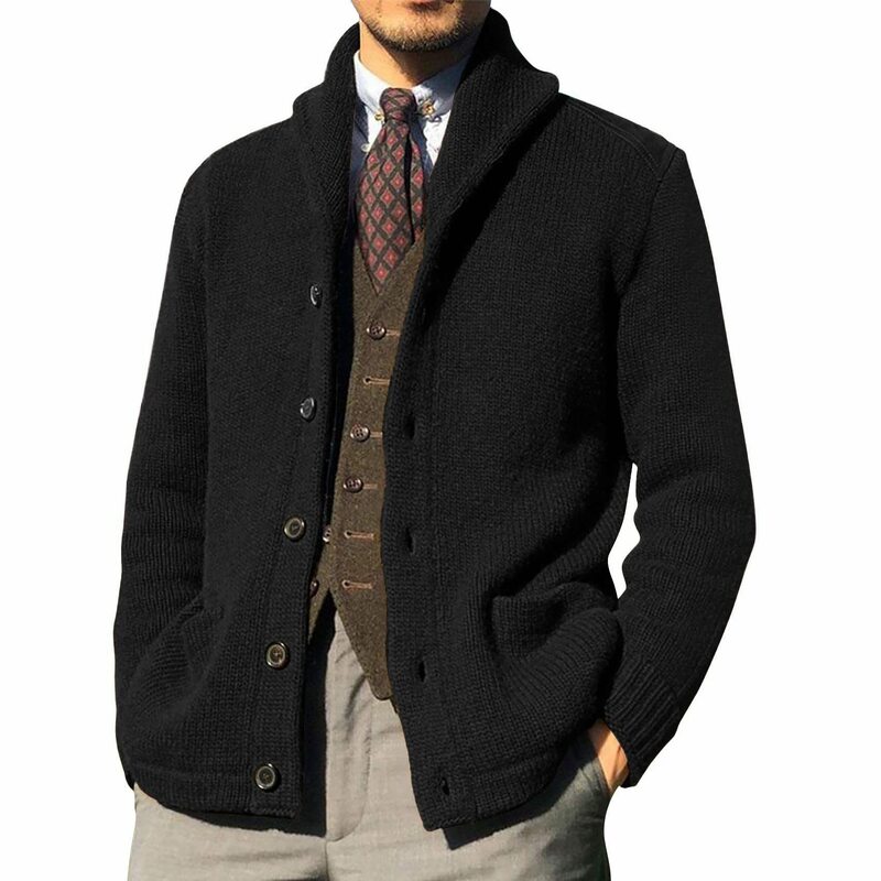 Męska rozpinany sweter dzianinowa pojedyncza jednorzędowe guziki zimowa stojąca kardigan z kołnierzem męska kurtka męska w stylu brytyjskim sweter płaszcze