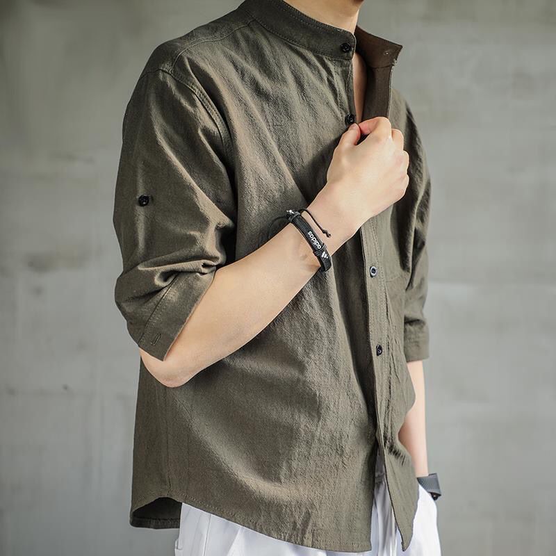 Elegant Fashion Harajuku Slim Fit Ropa Hombre Loose Casual All Match Shirt Stand Collar Solid Button Pockets Short Sleeve Blusa