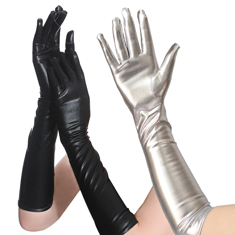 Pokaż rękawiczki złoto srebro sztuczna skóra metalowe rękawiczki wieczorowe występ na imprezie rękawiczki damskie długość łokcia długie lateksowe ręczne