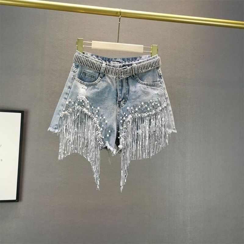 Denim Shorts for Women's Summer and Korean Versions High Waisted and Slim with Holes Studded Sequins Tassels Wide Leg Pants