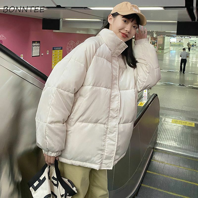 Jaket wanita, parka musim dingin kerah berdiri paket lembut padat hangat Harajuku sederhana santai gaya Korea ukuran besar longgar Chic Puffer