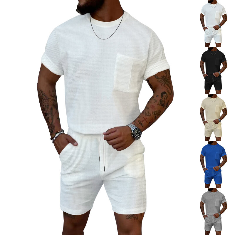 Conjunto de shorts e camiseta fina de tecido waffle masculino, roupa esportiva casual, decoração de bolso, estilo simples, qualidade, novo, verão, 2 jogos, 2022