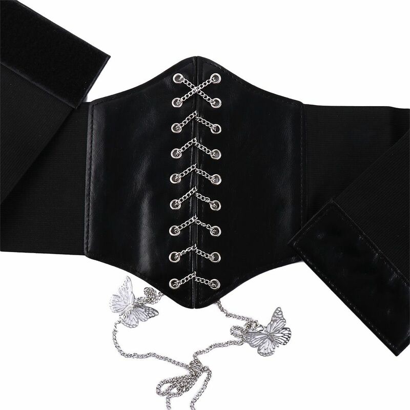 Cinturón ancho de cuero PU coreano para mujer, faja de cintura alta, cadena de mariposa, vestido de lujo