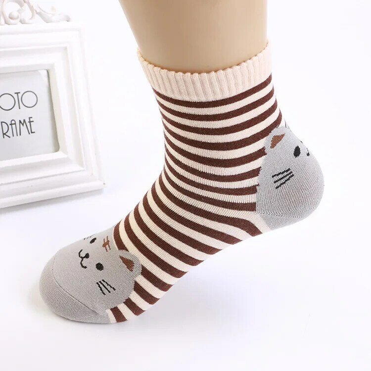 Pure Cotton Medium Length Socks Adult Striped Cute Cat Female Socks, Female Cartoon Medium Length Female Socks,