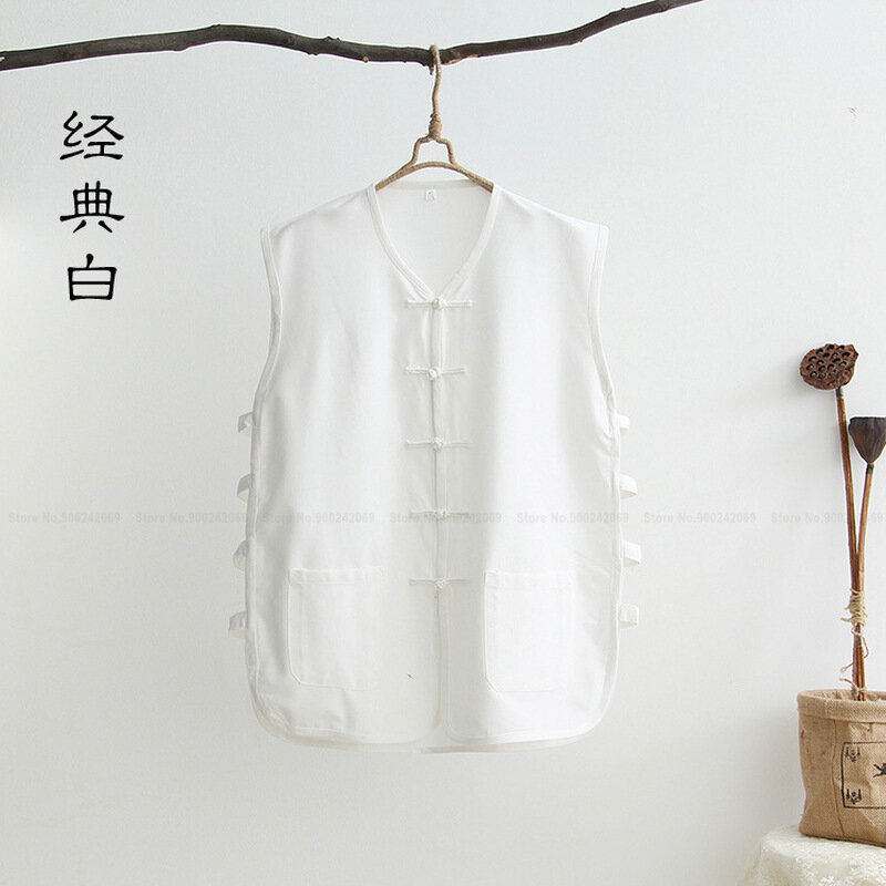 Strój Tang tradycyjna chińska odzież dla mężczyzn Tee topy Kung Fu kamizelki bawełniana pościel bez rękawów Viking pirat bluzka T-Shirt płaszcz