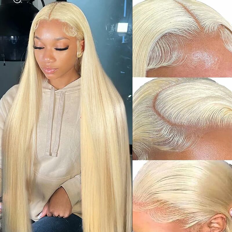 Perruque Lace Front Wig Remy Naturelle Lisse, Cheveux Humains, Blond Miel 613, 13x4, 13x4, HD, Densité 180%, pour Femme
