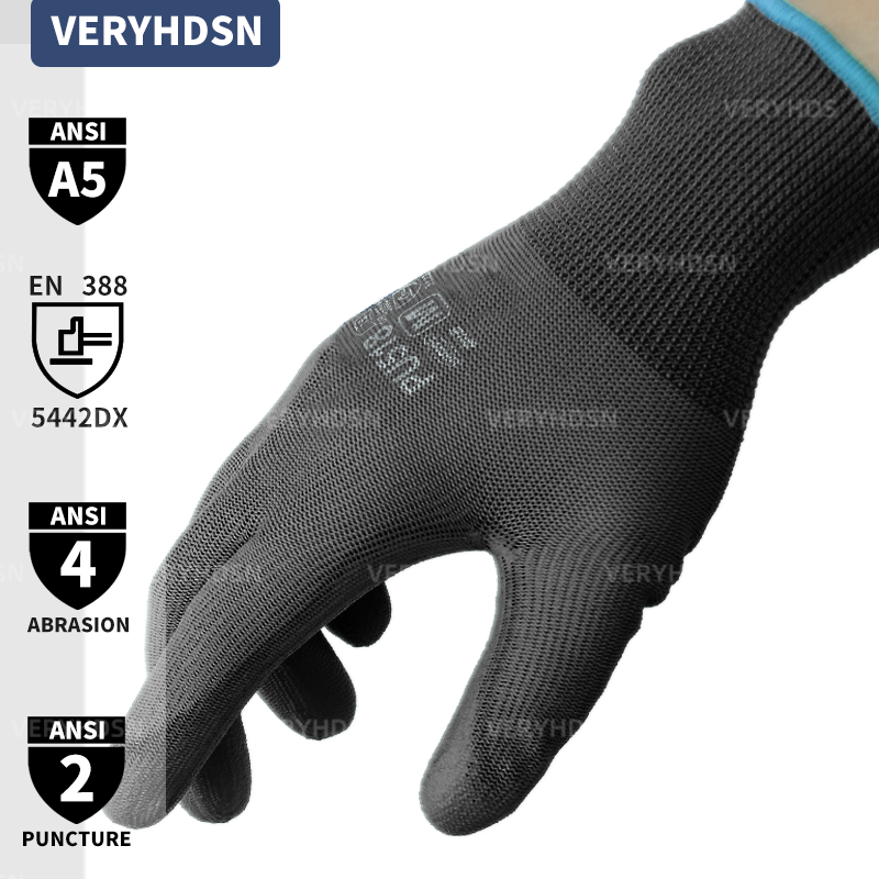 3Pairs Black Ultra-Thin Light Duty Work Gloves Durable & Breathable Knit Wrist Cuff PU Coated Cut-Resistant For Men&Women