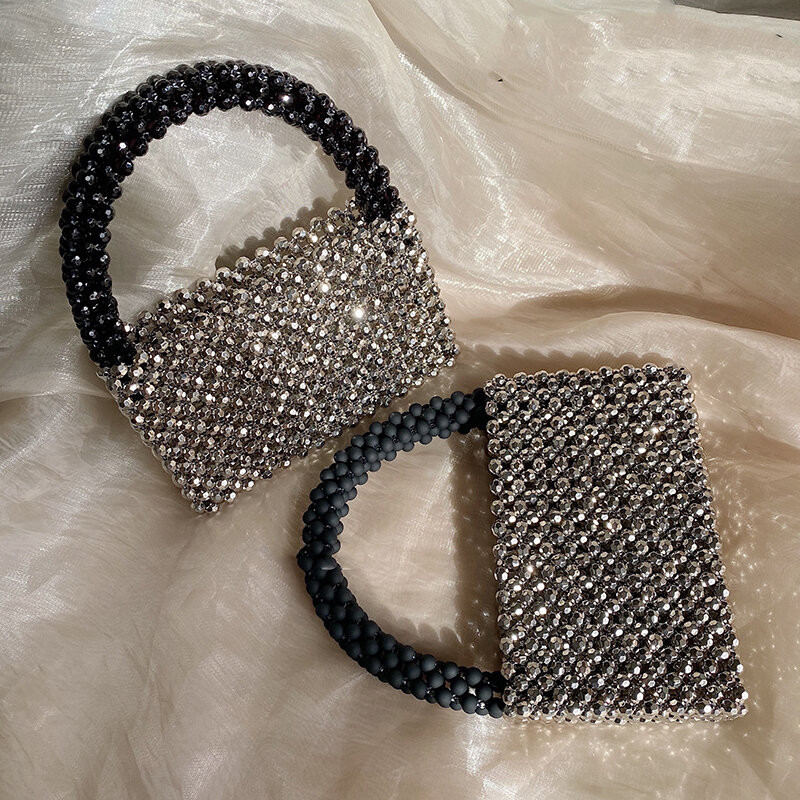 Black and Silver Small Square Handbag Homemade Beaded Mini Envelope Crossbody Bag Matte Texture Purse Women Hand Bag Luxury