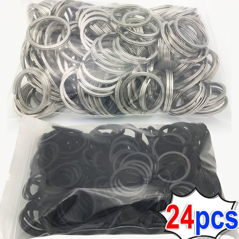 Llaveros de acero inoxidable y hierro para fabricación de joyas, llavero de línea plana redonda, Plata pulida, color negro, 10/24 piezas