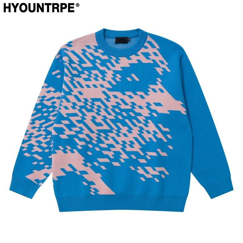 Mens Knitted Sweater Fashion Pixel Abstraction Human Face Pullovers Casual O-neck Unisex Harajuku Streetwear Loose Knit Jumpers