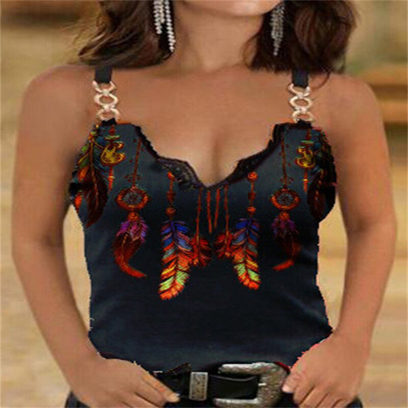 2023 nowy letnia koszulka damski dorywczo modny smukły pasujący pasek seksowny koronkowy bez rękawów z nadrukiem w serek w stylu Casual, z paskiem podkoszulek