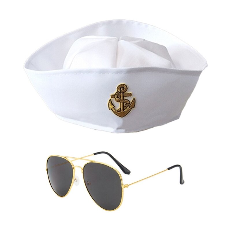Chapeau marin couleur blanche avec sifflet lunettes soleil/gants pour fête carnaval