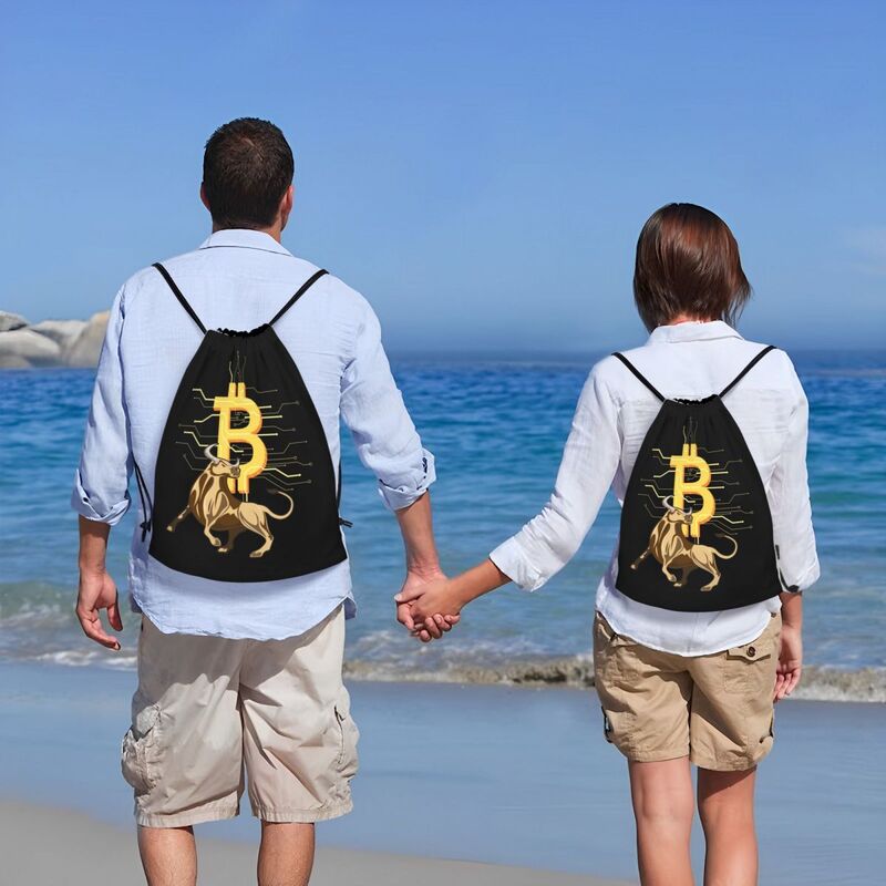 Niestandardowy Bitcoin byk torby ze sznurkiem mężczyzn kobiet lekki plecak do przechowywania siłownia kryptowaluty BTC