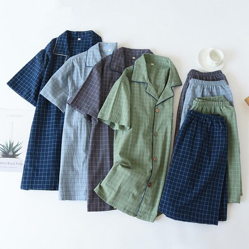 Pijama de algodão lavado simples masculino, calça e top de manga curta, terno xadrez para serviço doméstico, primavera, verão, 2022
