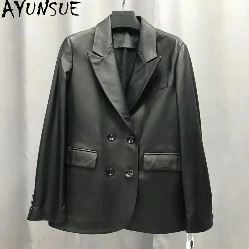 AYUNSUE-Veste en cuir véritable pour femme, vestes à double boutonnage, manteau en peau de mouton véritable, haute qualité, décontracté, élégant