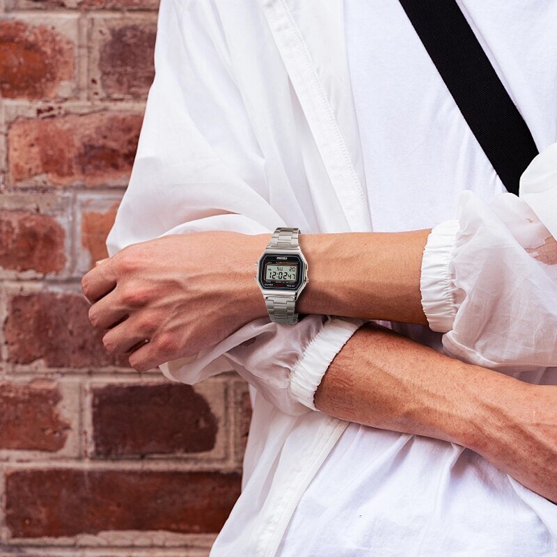 SKMEI นาฬิกาข้อมือสแตนเลสสำหรับผู้ชาย, นาฬิกาข้อมือ Jam Tangan Sport lampu belakang จอแสดงผลดิจิตอล3Bar กันน้ำ