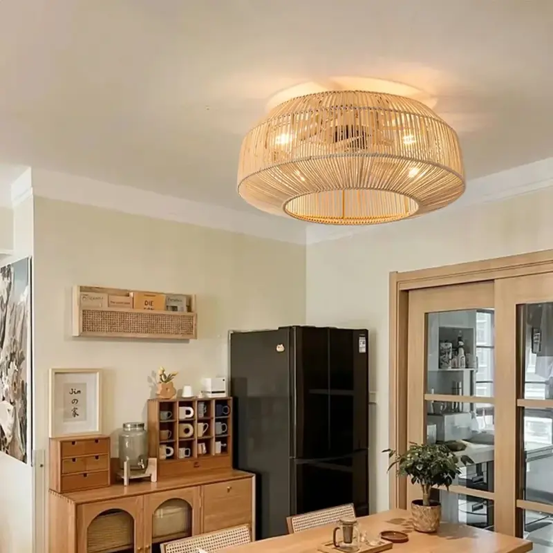 Ventilatore da soffitto con tessitura di bambù americano minimalista Light Art Restaurant lanterna creativa camera da letto soggiorno plafoniera