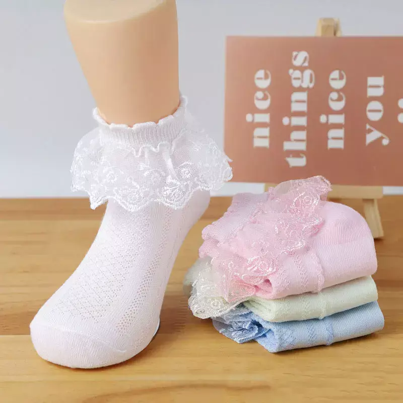 Весенне-летние дышащие хлопковые кружевные милые тонкие сетчатые носки принцессы с оборками Детские короткие однотонные белые носки для маленьких девочек