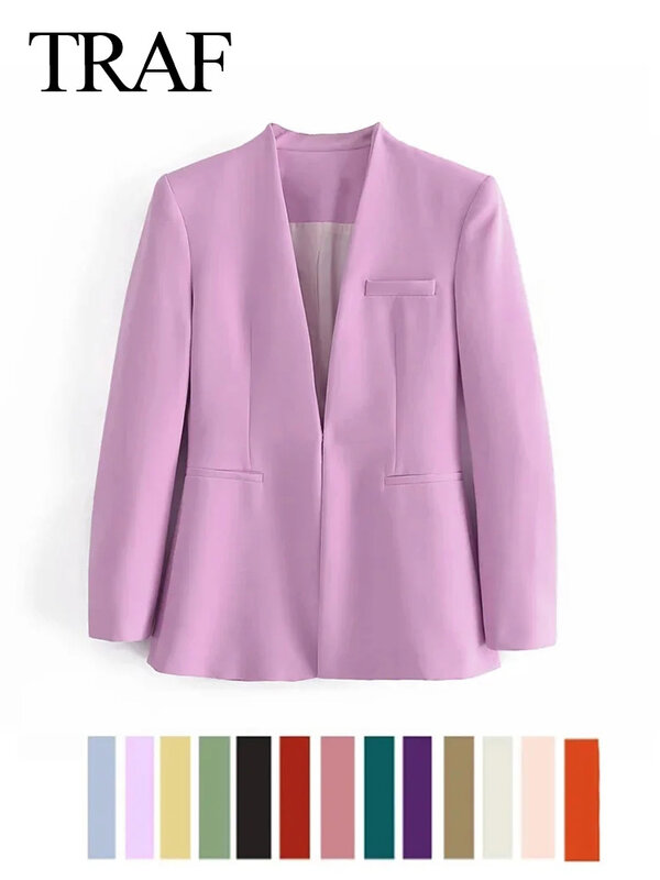 TRAF-سترة بسيطة للنساء ، بأكمام طويلة ، ملابس محززة لسيدة المكتب ، معطف رسمي أحادي اللون ، بيج وأسود ، موضة عتيقة ، 2023