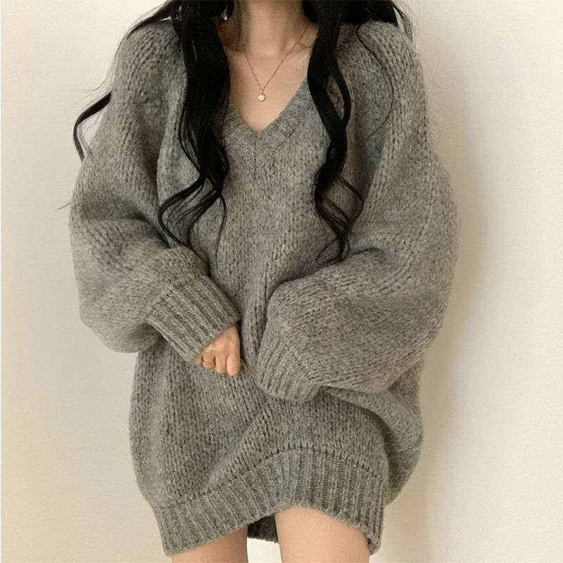Faul stil V-ausschnitt pullover weibliche Y2K student Koreanische version war dünn und vielseitig mid-länge stricken pullover top 2023