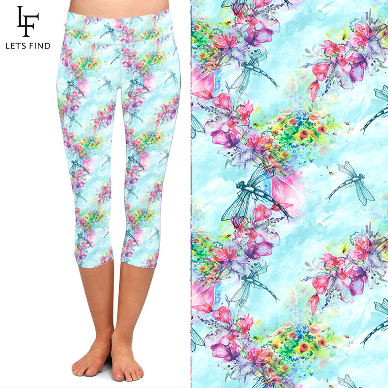 LETSFIND ผู้หญิง Leggings Dragonflies และดอกไม้รูปแบบผ้าไหมพิมพ์ Mid-Calf กางเกงสูงเอวเลกกิ้งฟิตเนส