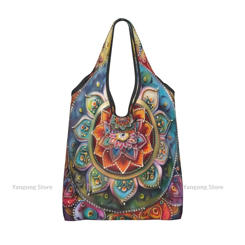 Bolsa de compras plegable con fondo de Mandala colorido, bolso de mano plegable, bolsa de comestibles de viaje conveniente