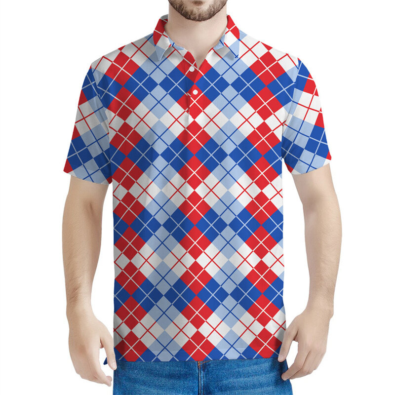 Polo con patrón de cuadros geométricos coloridos para hombre, camiseta informal de calle de manga corta con estampado 3d, Tops de solapa