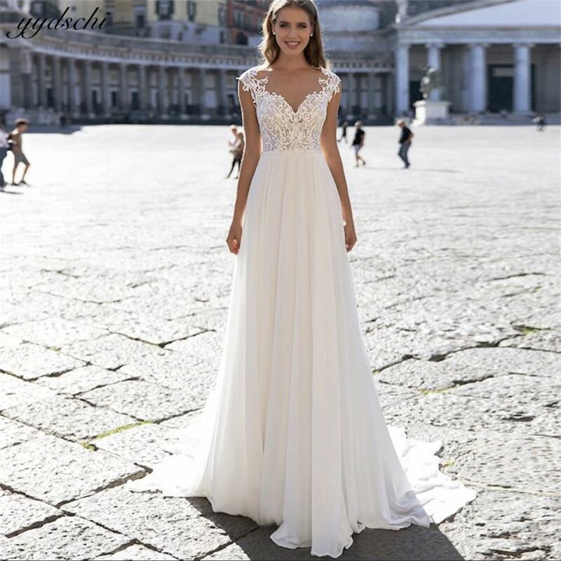 Elegancka rękawy Cap szyfonowa tiulowa sukienka z dekoltem w kształcie litery A suknie ślubne dla kobiet 2024 suknie ślubne Vestidos De Novia