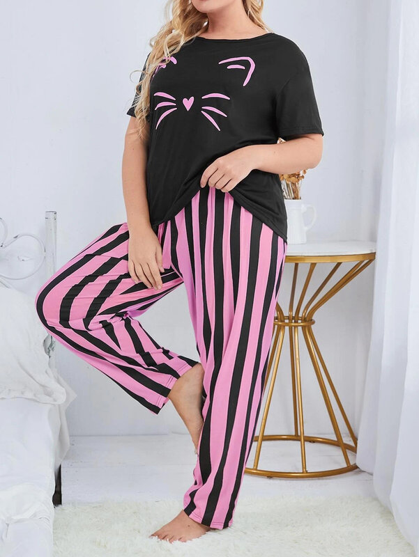 Conjunto de pijama, tamanho grande, pode ser usado para casa e casual wear casual conjunto de mangas curtas, feito de leite seda material, calças compridas