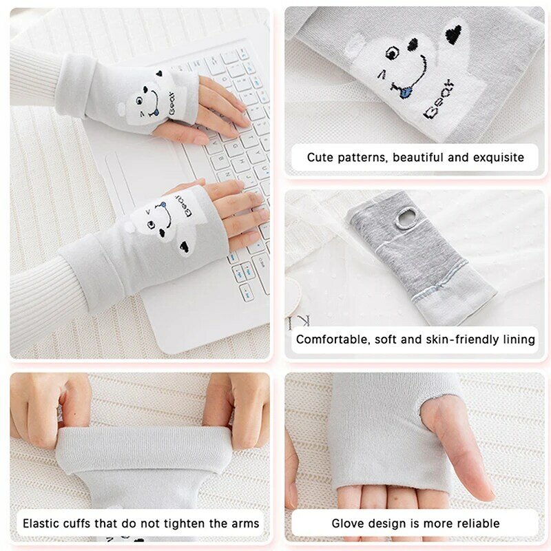 1Pair Basic High Stretch Fingerless Warm Gloves Bear Pattern Half Finger Gloves Convenient Touchscreen Writing Female Gloves