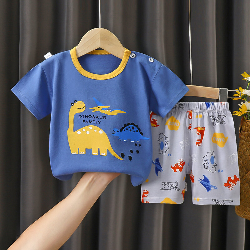 Новинка 2024, летняя детская пижама для мальчиков и девочек, футболка с коротким рукавом и милым мультяшным принтом и шорты, комплекты одежды для малышей