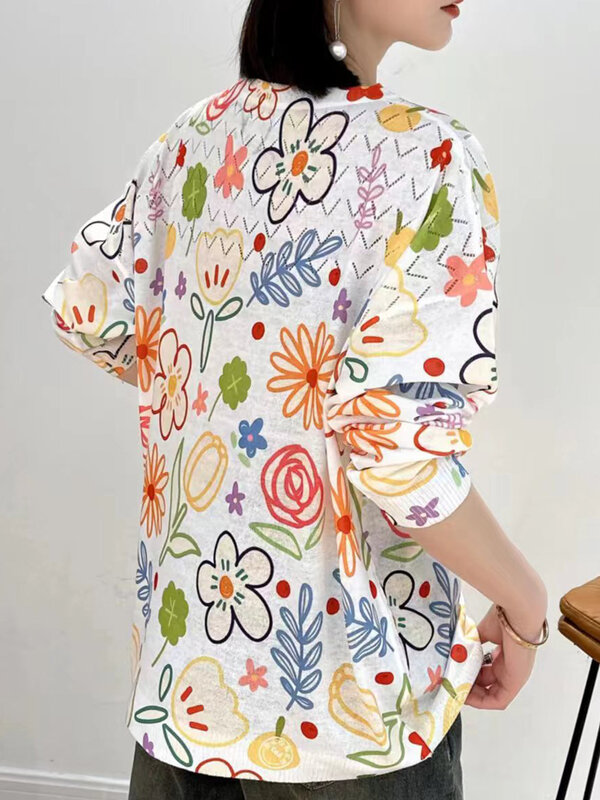 Suéteres con estampado Floral para mujer, ropa de punto con cuello redondo, Jersey informal de manga larga, primavera y verano, novedad