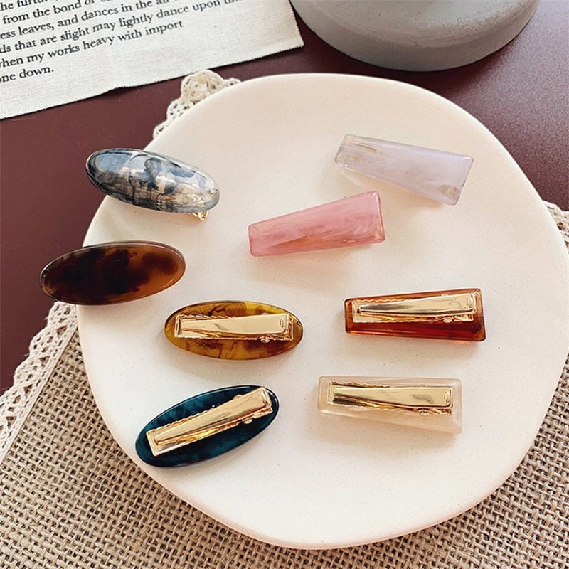 Korean chic retro oil painting marble texture hairpin cool wind geometric oval resin edge clip bangs hairpin
