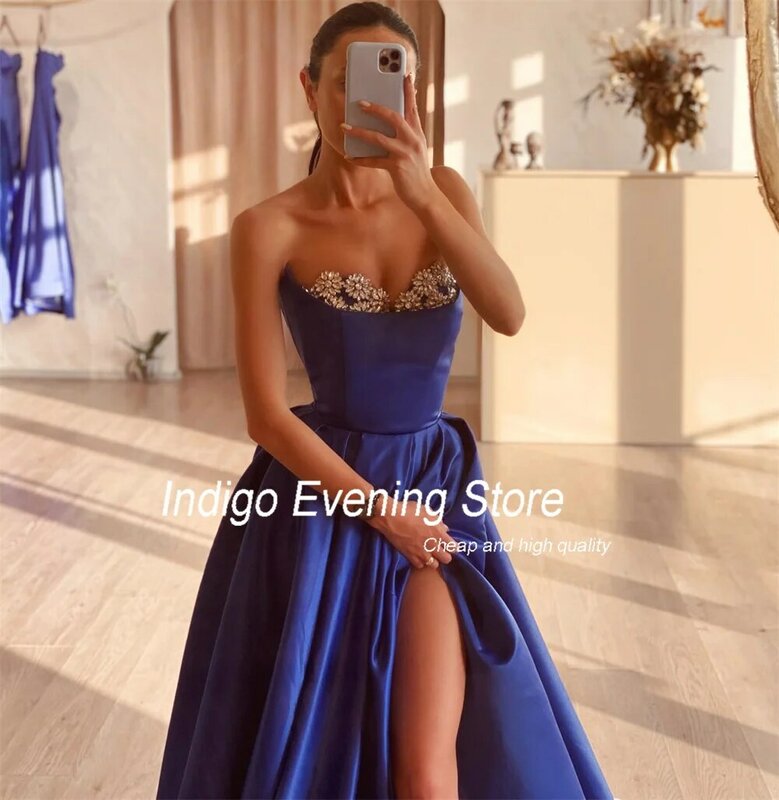 Indigo Satin Prom Dresses Strapless Floor-Length A Line Ball Gown High Slit Formal Occasion Dress For Women 2024 Vestidos