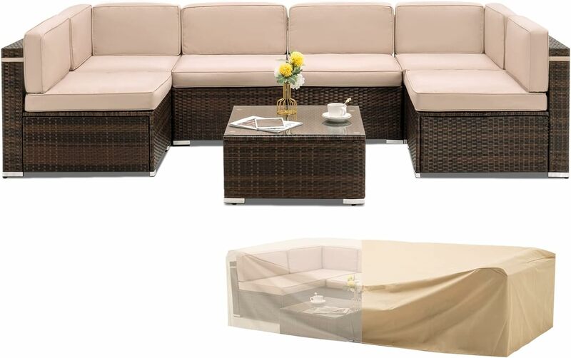 PE ротанговый диван, Плетеный патио, набор для разговора с чехлом для деки, искусственный бассейн с утолщенными подушками для кофейного столика