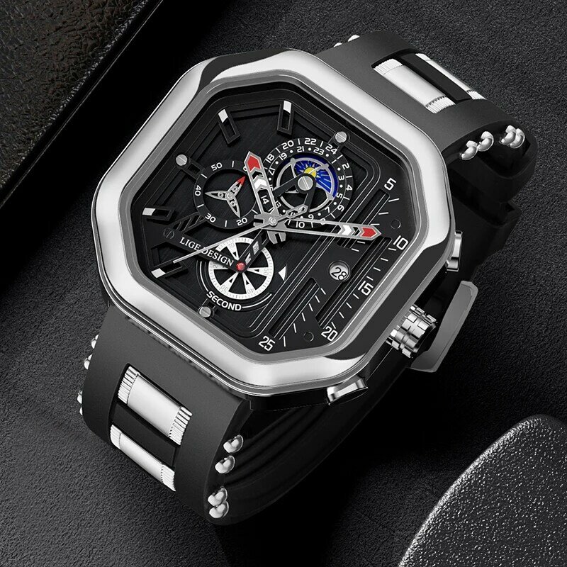 LIGE-Relógio de pulso esportivo masculino, quartzo, silicone, impermeável, relógio de luxo, relógios grandes, caixa incluída, original