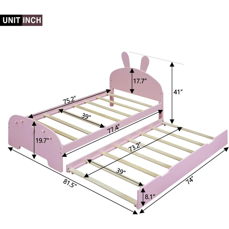 Łóżko dla dzieci, drewniane podwójne łóżko łóżko z pełnymi bokami, zagłówek z rysunkowym kształtem ucha, drewniane płaskie wsparcie dla makaronu, łóżko