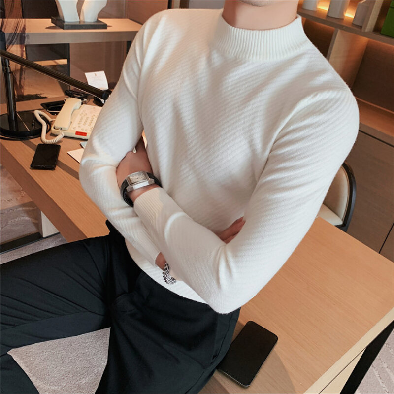 Suéteres de manga larga para hombre, ropa de punto de Cuello medio alto, a rayas diagonales, ajustada, informal, Otoño e Invierno