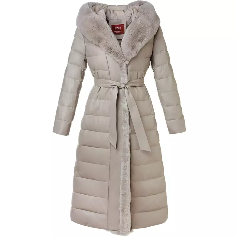 Manteau en peau de mouton pour femme, veste 2024 duvet de canard blanc, parkas à capuche pour femme, col en fourrure de lapin Rex, Pph2690, 90%