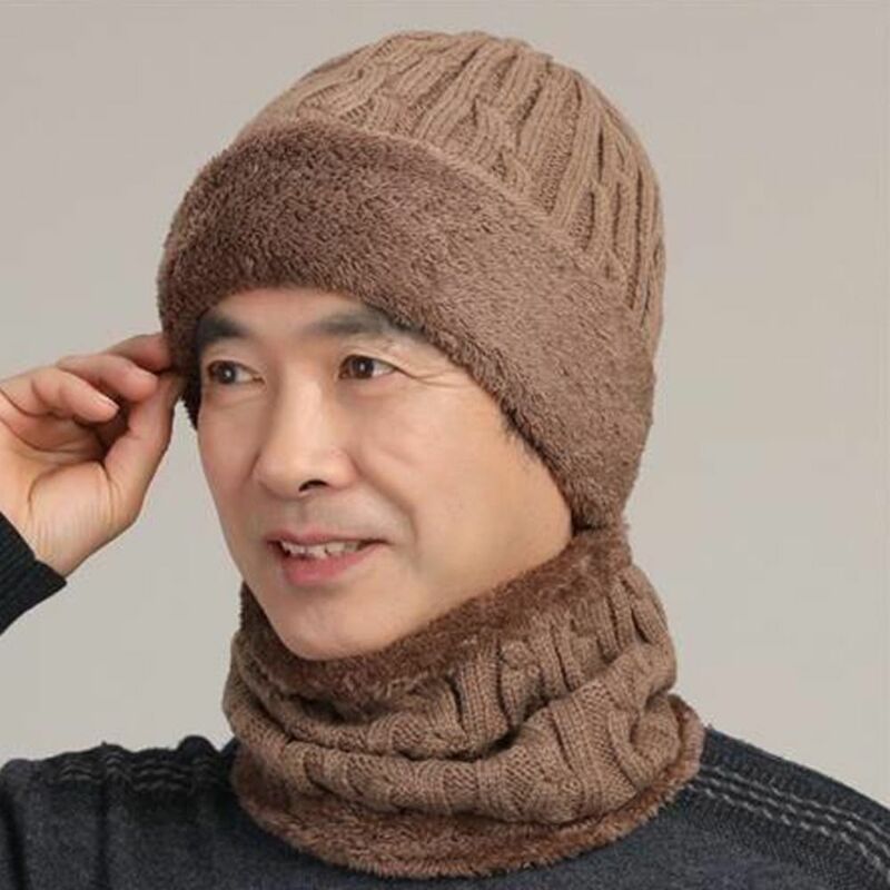 Chapéu de lã coral masculino e cachecol, engrossar exterior malha pescoço capa, veludo boné lenços, máscara de inverno, novo
