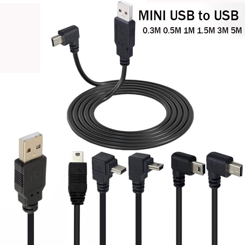 Cable USB 2,0 macho a Mini USB arriba abajo izquierda y derecha, Cable de 90 grados, 0,25 m, 0,5 m, 1,5 m, 3m, para cámara, MP4, tableta, teléfono, carga de datos