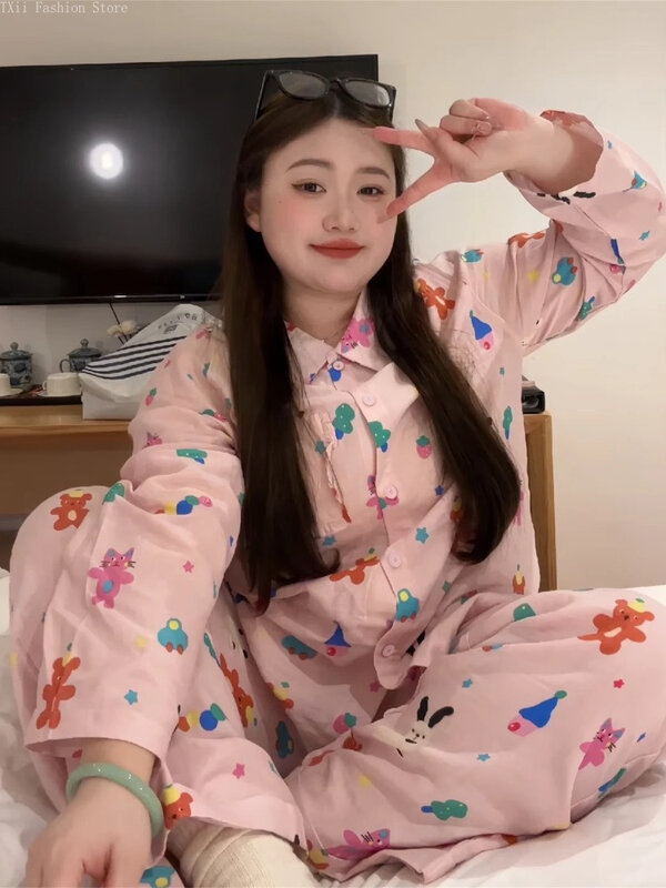 Txii-pijama de algodão de manga comprida para mulheres, tamanho grande 100kg, roupas bonitas para casa, nova primavera e outono 2020