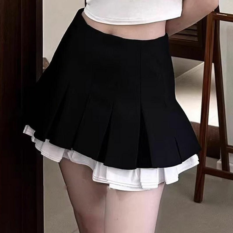 Deeptown Japanese Style Mini Pleated Skirt Women Black Short Skirts Cute Grey Preppy Sweet Summer Female Ruffle Skirt Patchwork
