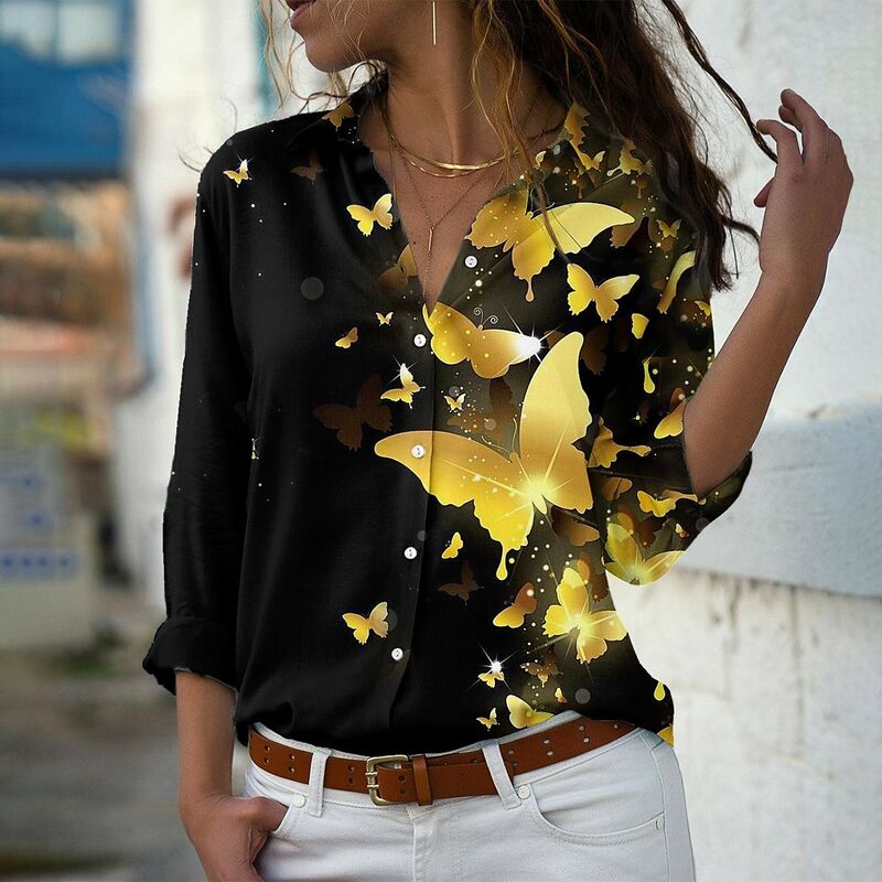 2022 Fashion Butterfly Print Shirt V-Neck Loose Size Tops Elegance Long Sleeve Autumn Winter Women's Everyday Casual Blouses