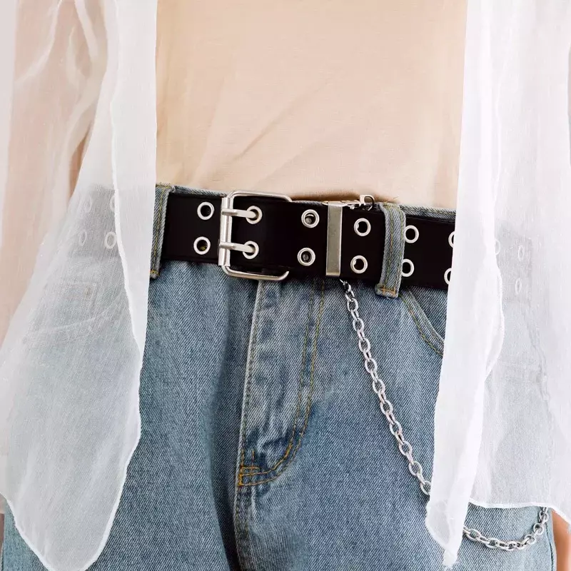 Cinturón de cintura con hebilla de Pin de doble agujero para mujer, cadena Punk de Metal para Jeans, cinturones de lujo de cuero PU, nuevo estilo decorativo