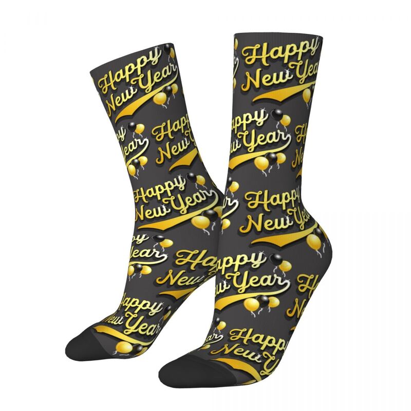Happy New Year! With Black And Gold Balloons Socks Harajuku Super Soft Stockings All Season Long Socks Unisex Birthday Present