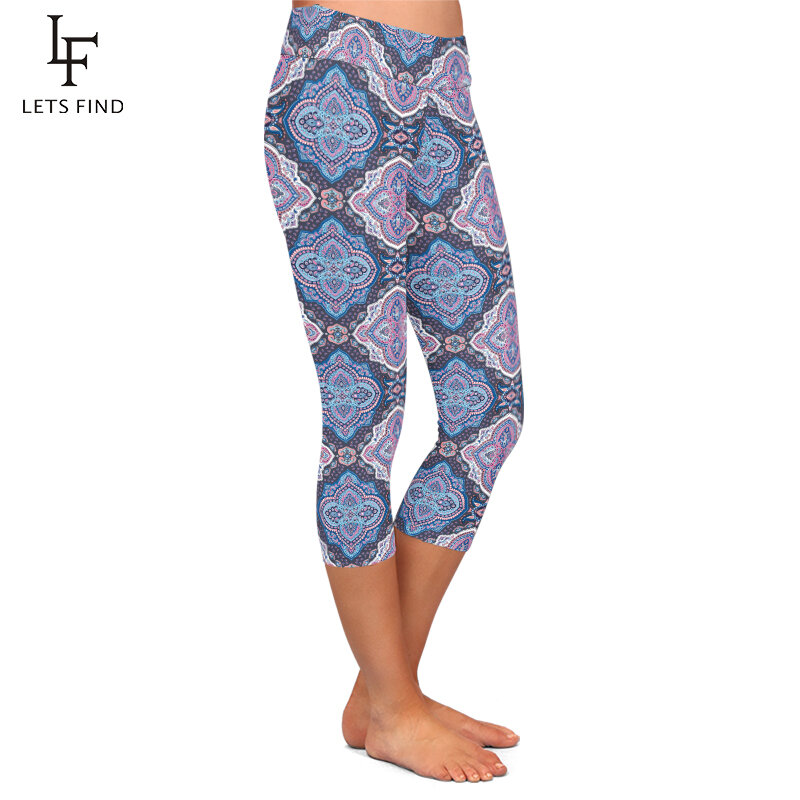 Venda quente leggings impressão digital cintura alta alta elasticidade calças femininas meados de bezerro 3/4 estiramento capri leggings