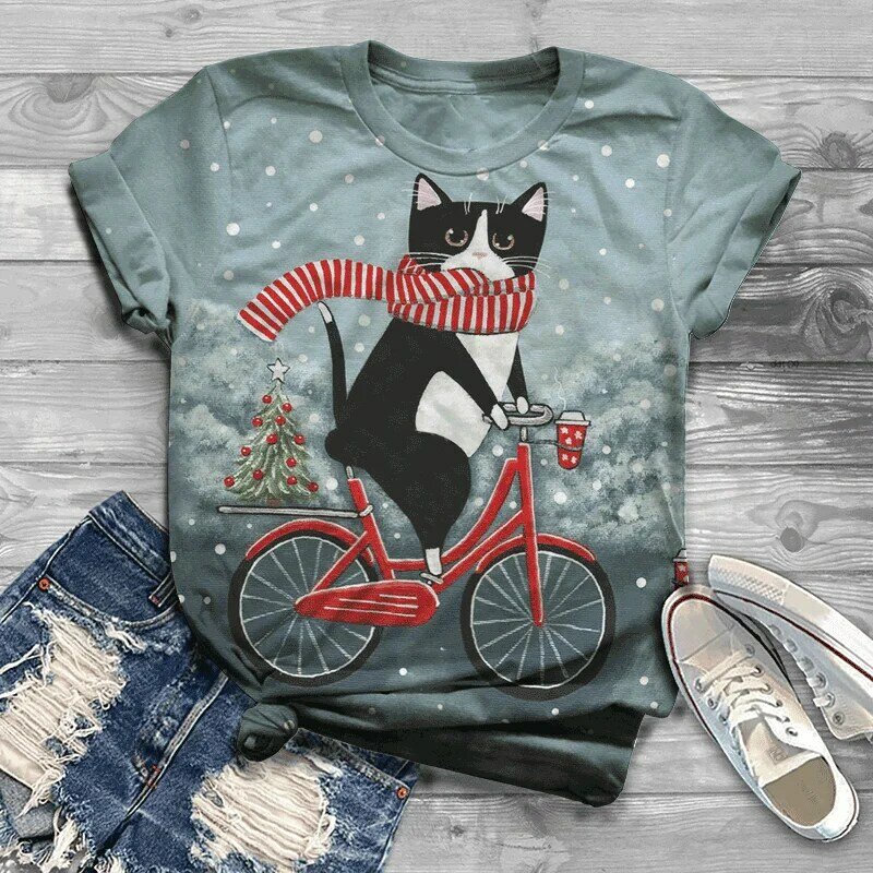 Винтажная женская футболка с мультяшным котенком, одежда в стиле Харадзюку, 2023, повседневные футболки с коротким рукавом, летний женский пуловер, свободная уличная одежда